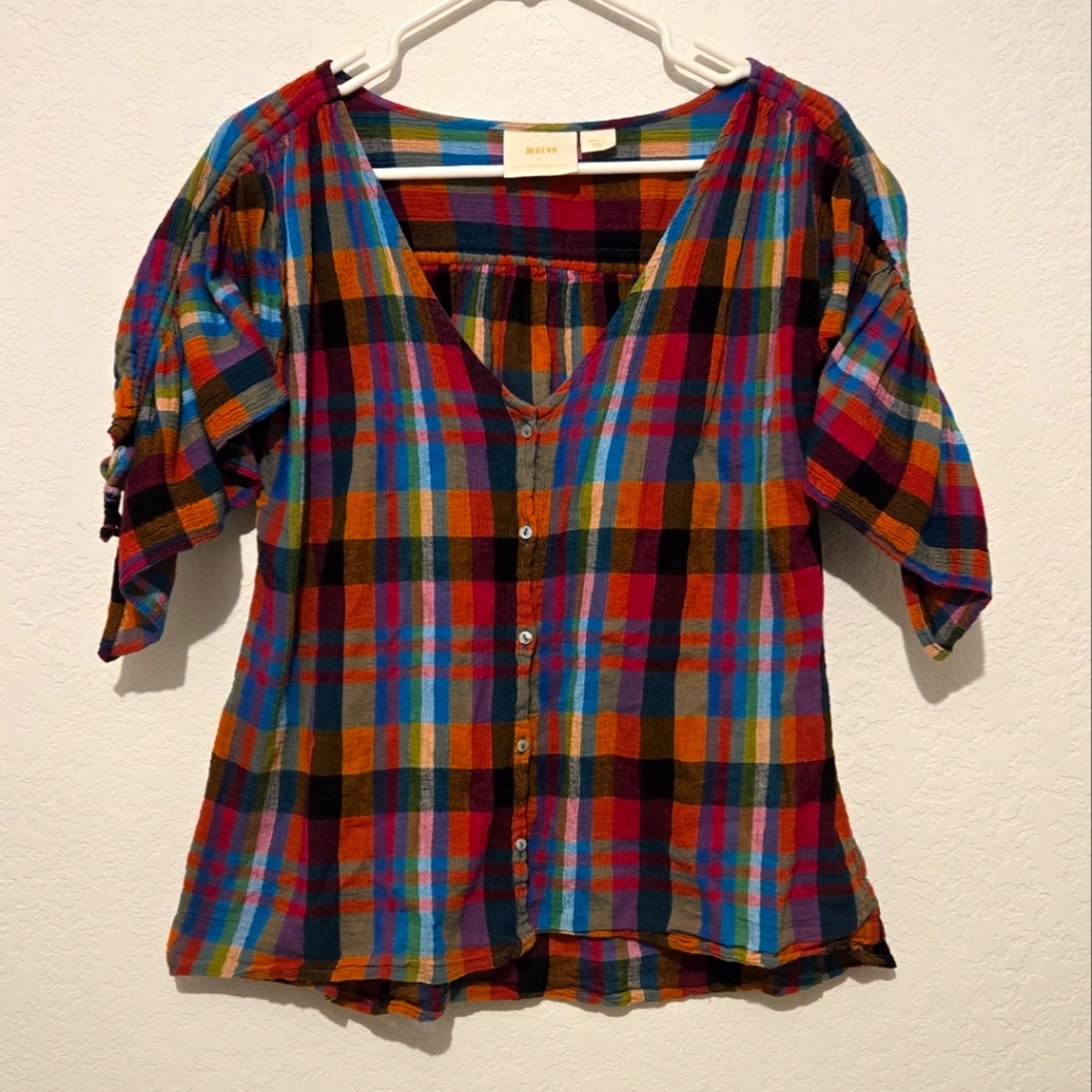 Maeve by Anthropologie Amelia Button down Plaid Gauzy V-Neck Smock Sleeve